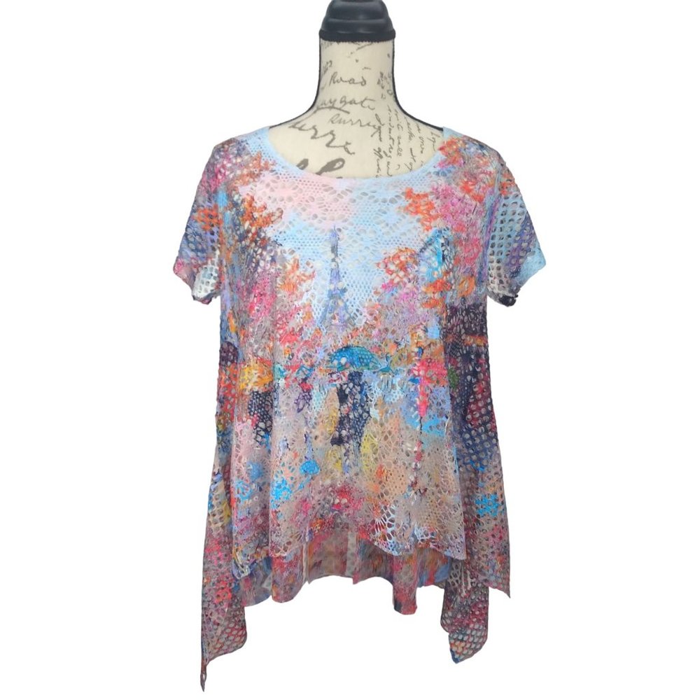 NWT Creation Mesh knit style Eiffel Towel Paris Scene Tunic lined Blouse SZ smal